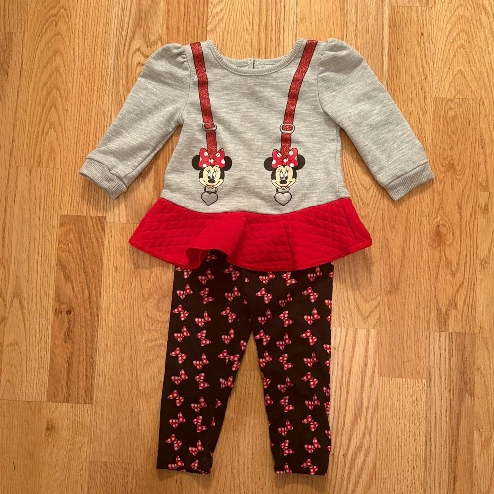 Disney Baby Minnie Mouse 2-Piece Outfit Size 18M Gray & Red Peplum Top + Bow EUC